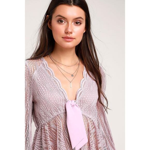 Free People Luisa Sheer Lace V-Neck Long Sleeve Babydoll Top Lavender Purple S - Picture 4 of 14